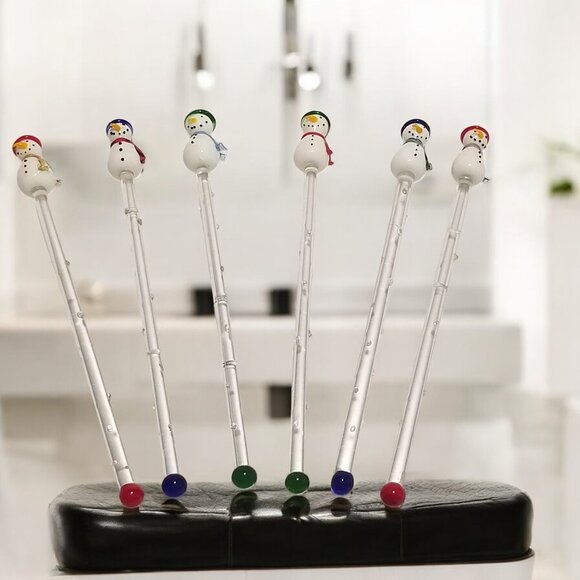 Glass Swizzle Sticks Set-6 Frosty Snowman Holiday's Barware Collection Boston - Picture 2 of 12